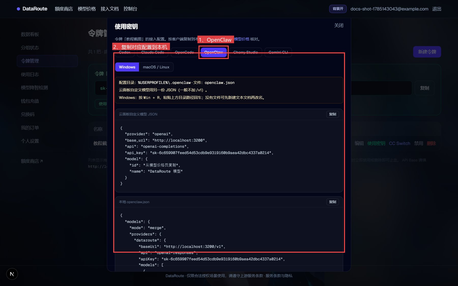 使用密钥弹窗 · OpenClaw